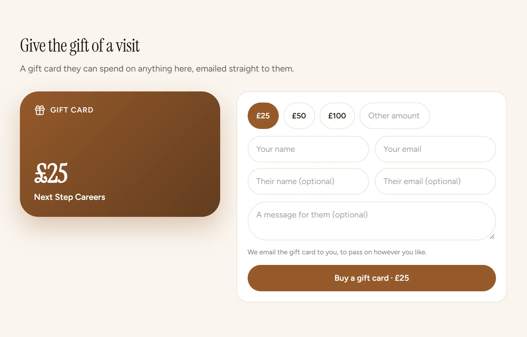 A gift card on sale: pick an amount, who it is for and a message