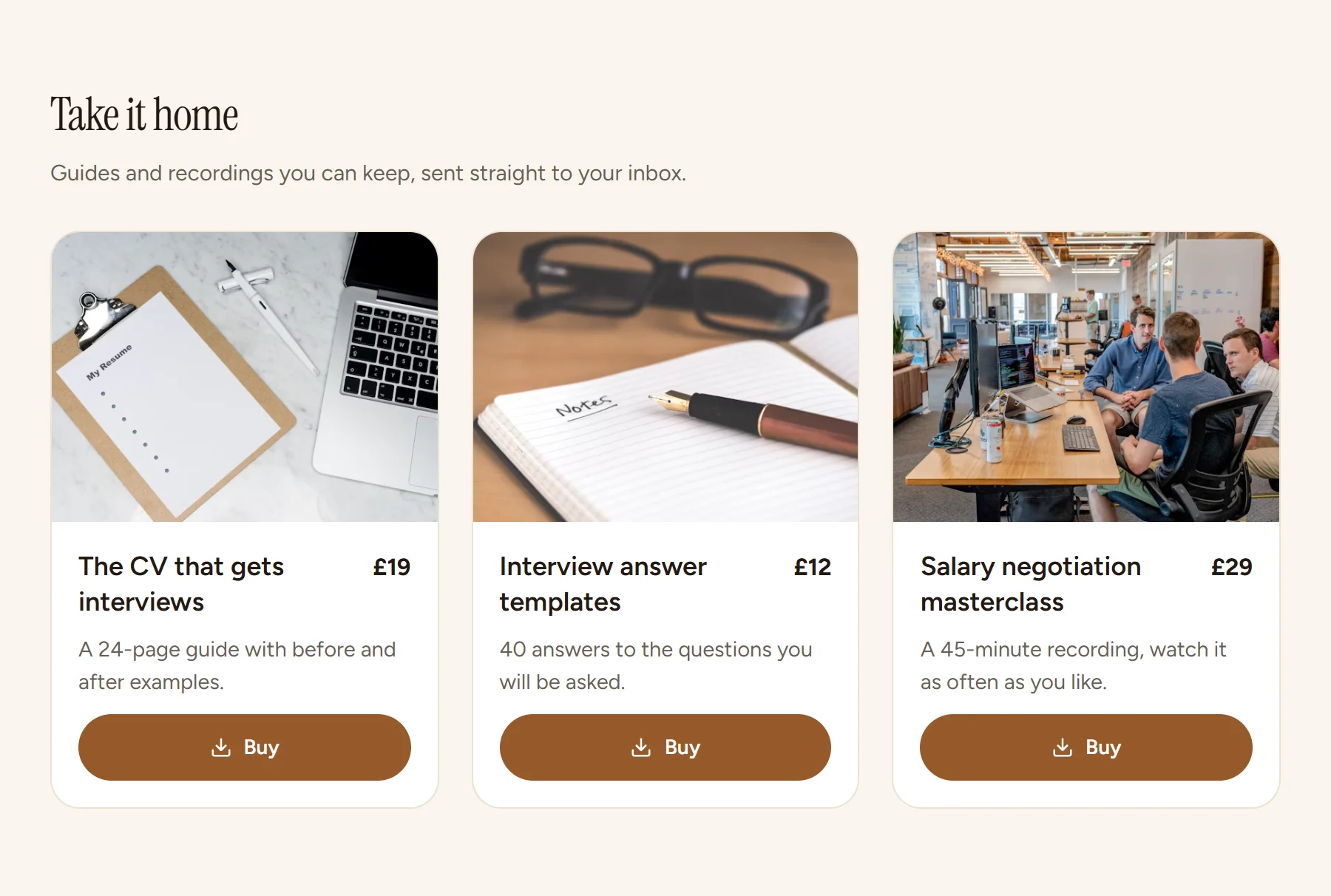 Three digital products for sale: a guide, answer templates and a recorded masterclass